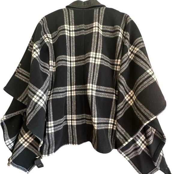 Rock & Republic Cape Poncho Wool Blend Black Cream Plaid Moto Style XS/S Y2K EC - Picture 2 of 10